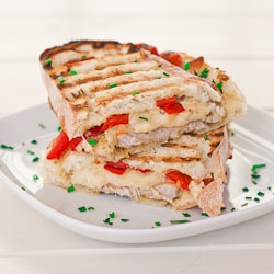 Marinated Pork Sandwich with Rosemary Aioli, Mozzarella Cheese and Roasted Red Peppers