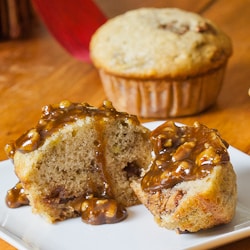 Banana Chocolate Peanut Butter Muffins with Praline Sauce