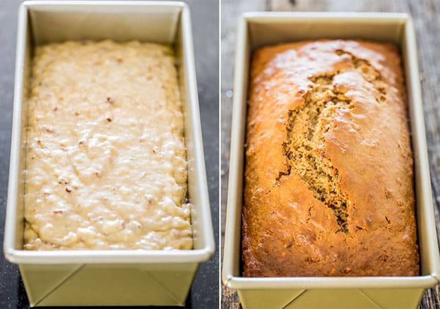banana nut bread before and after baking