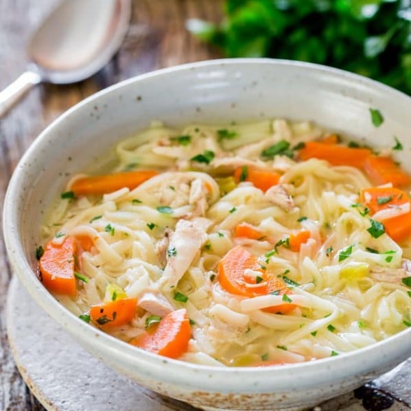 a bowl of homemade chicken noodle soup