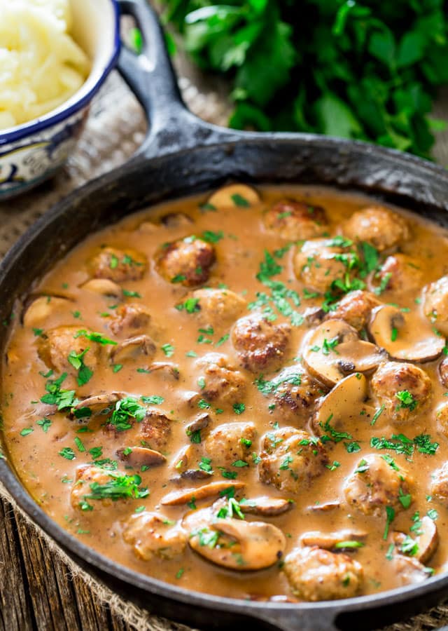 Meatballs with Mushroom Sauce in a skillet