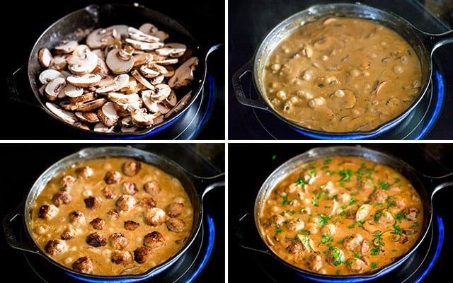 process shots showing how to make mushroom sauce for meatballs