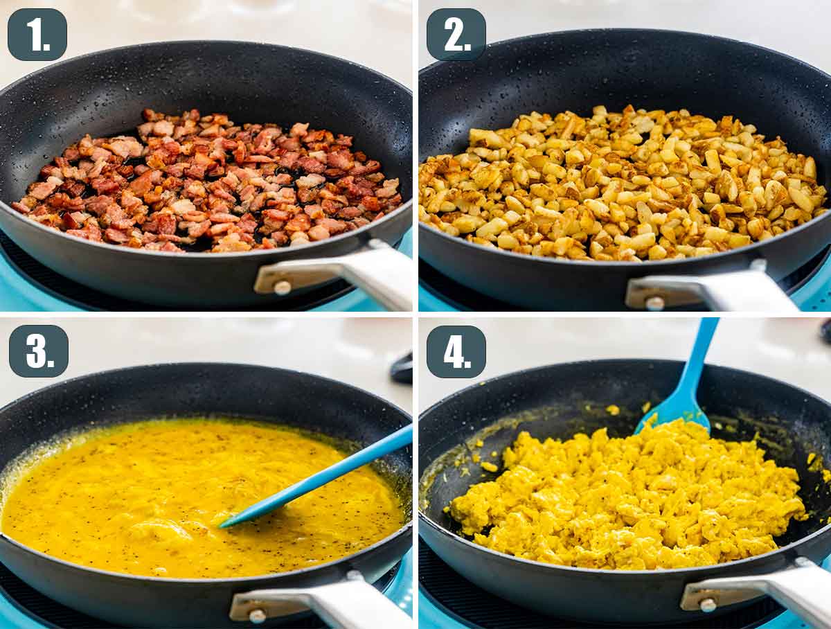 process shots showing how to make the filling for breakfast burritos.