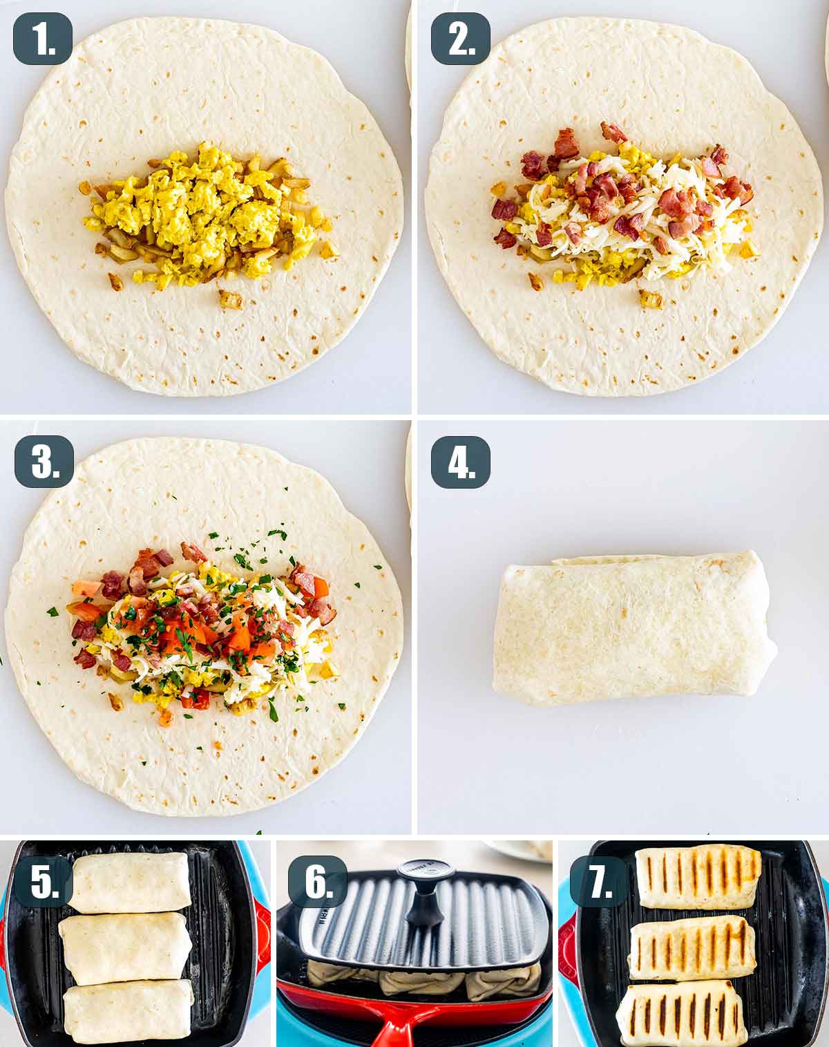 process shots showing how to assemble breakfast burritos and how to toast them.