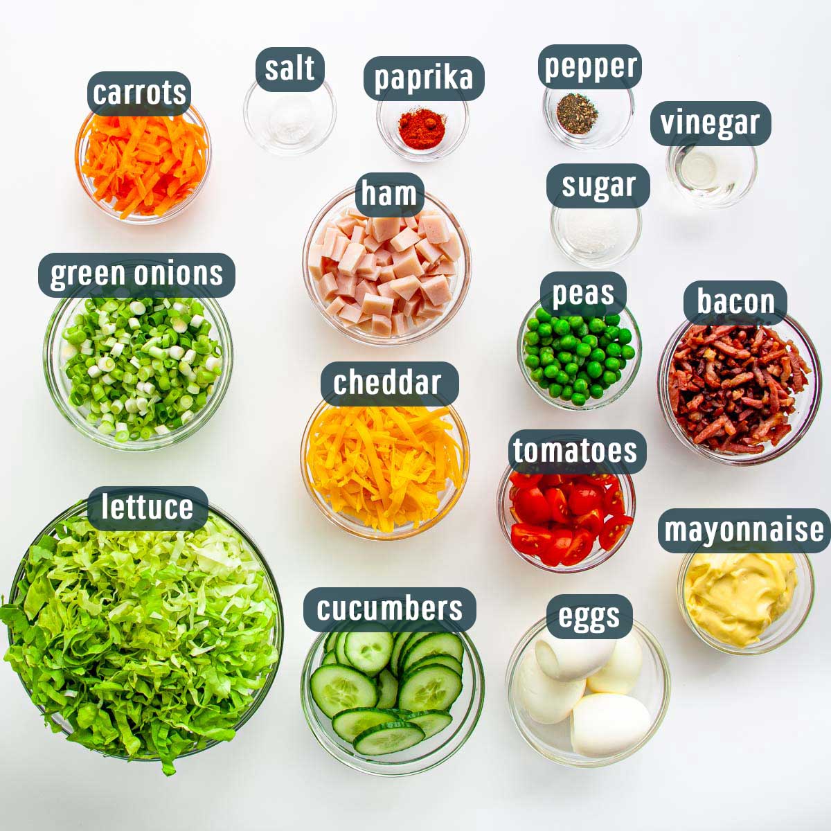 overhead shot of all the ingredients needed to make a chef salad