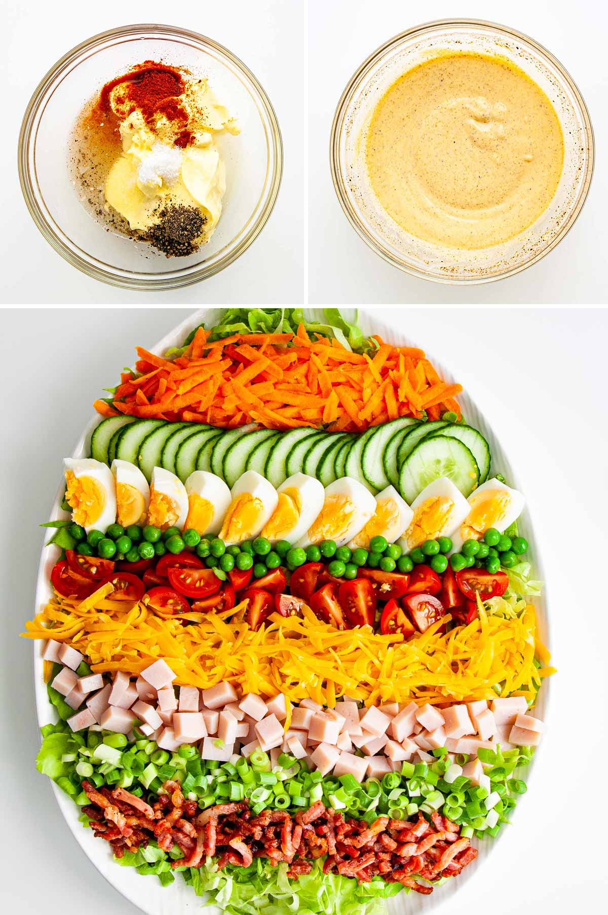 detailed process shots showing how to make chef salad