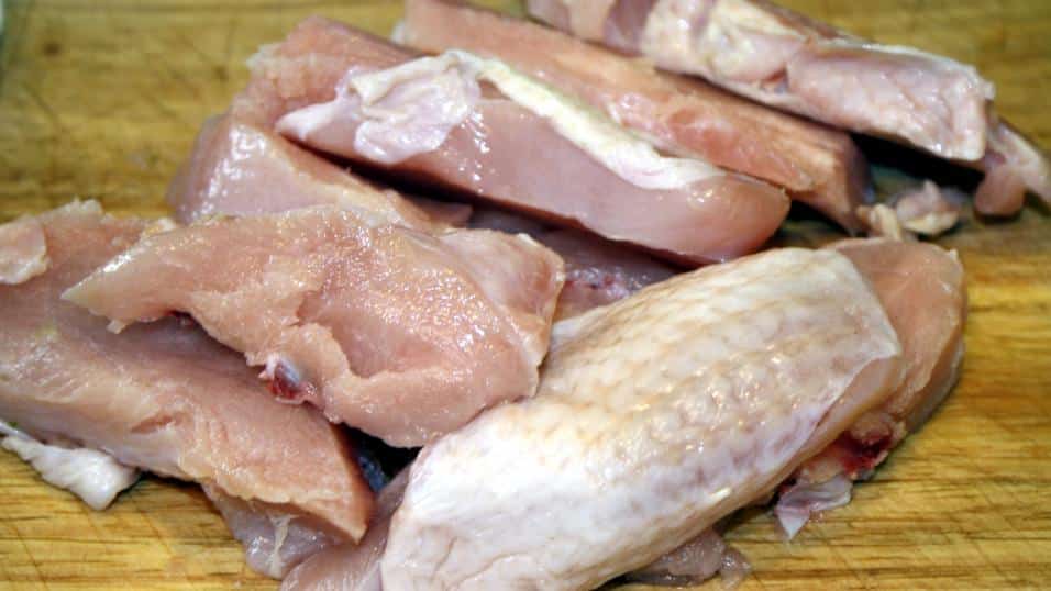 Turkey breast cut in 3/4 inch slices.