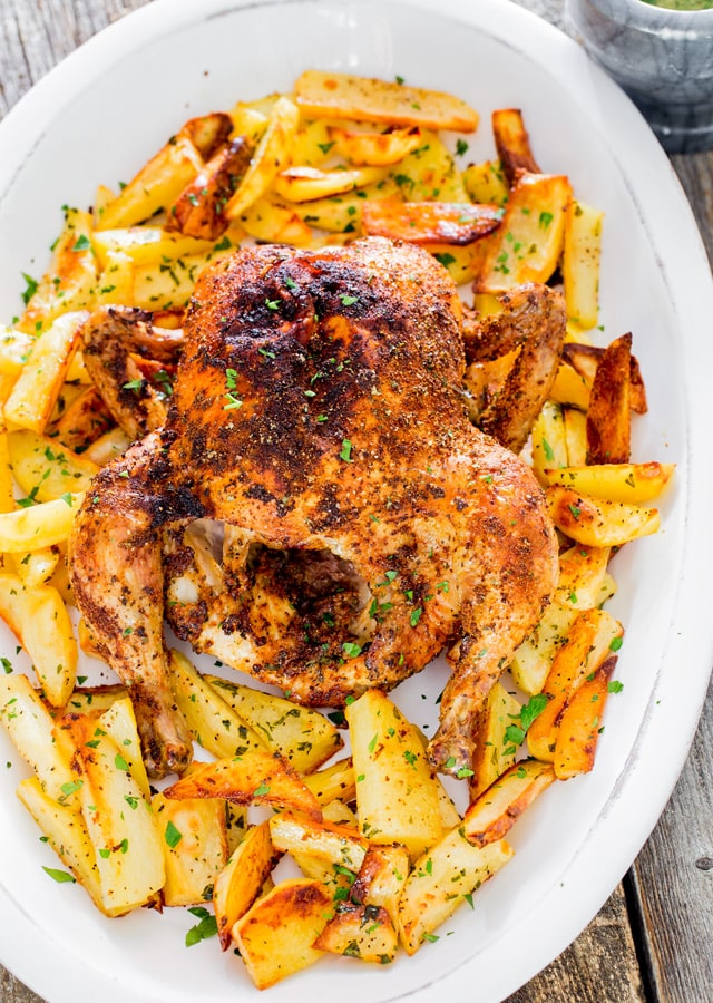 Roast Chicken with Roasted Potatoes in a large platter
