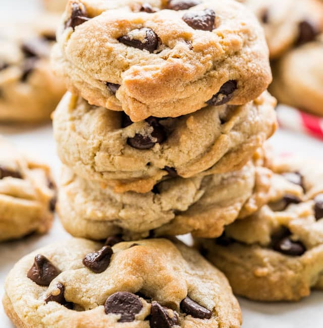 side view shot of a stack of chocolate chip cookies