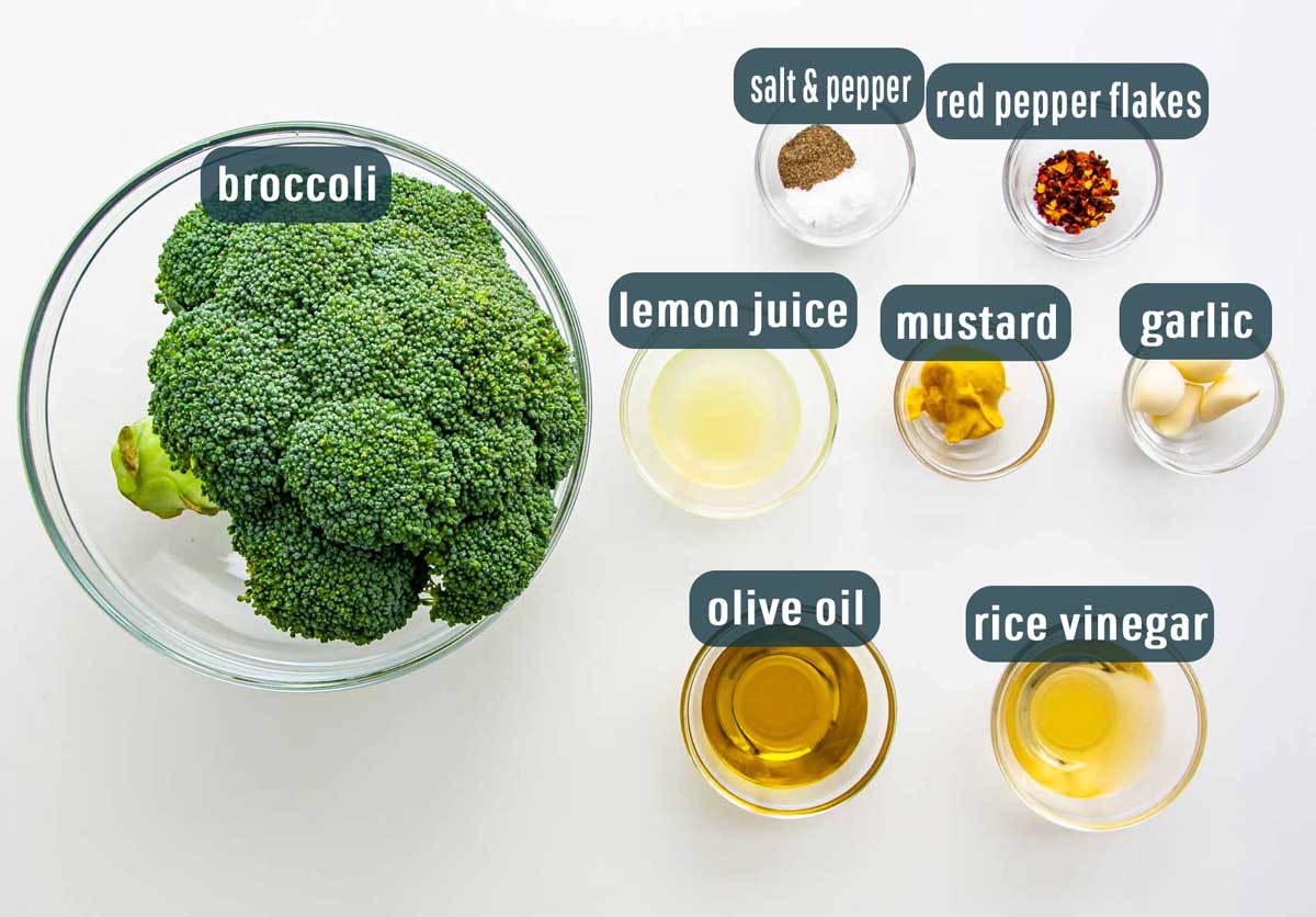 overhead shot of all the ingredients needed to make cooked broccoli salad