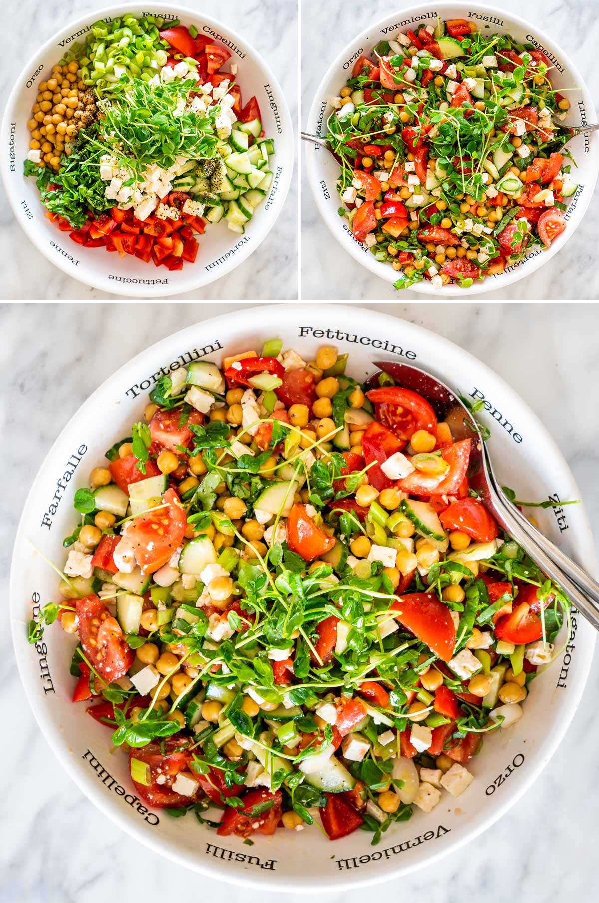 process shots showing how to make chickpea salad