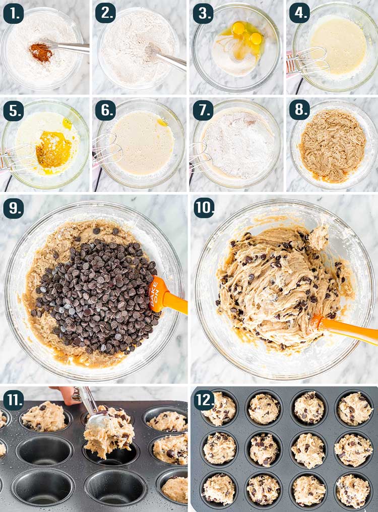 process shots showing how to make chocolate chip muffins