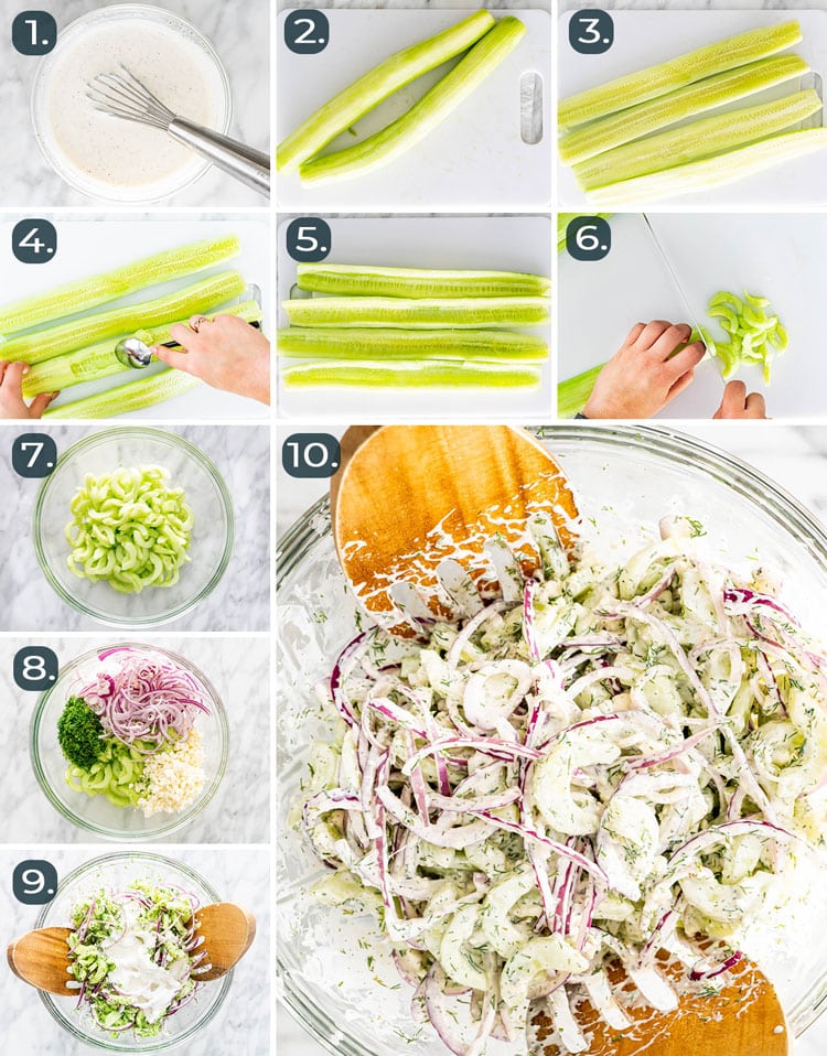 process shots showing how to make Creamy Cucumber Salad