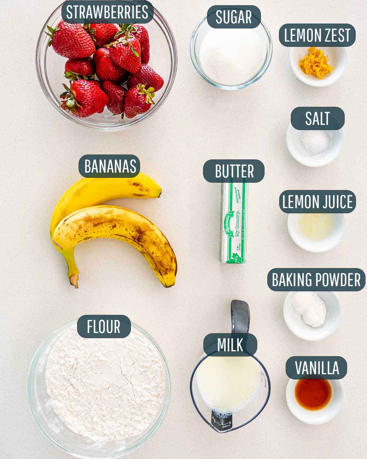 ingredients needed to make strawberry banana cookies.