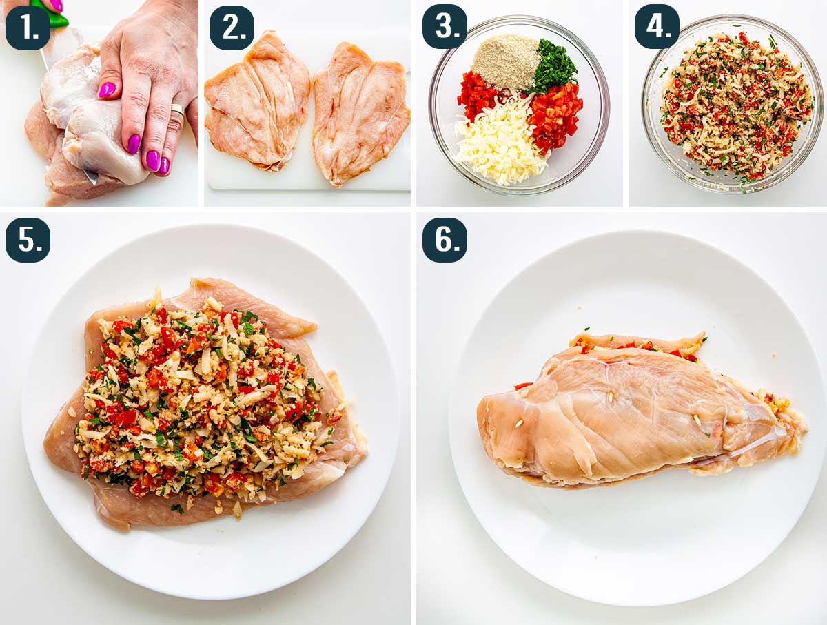 detailed process shots showing how to prep, make filling and fill stuffed chicken breasts