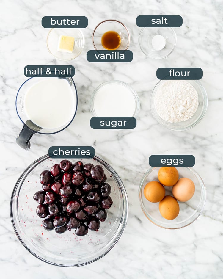 overhead shot of ingredients needed for cherry clafoutis