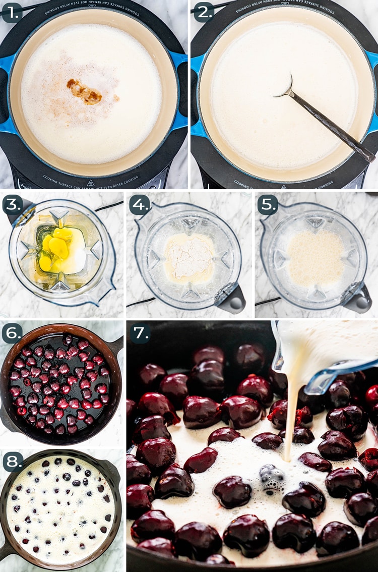 process shots showing how to make cherry clafoutis