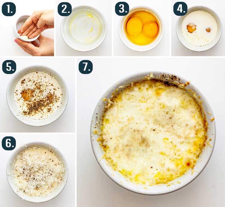detailed process shots showing how to make creamy parmesan baked eggs