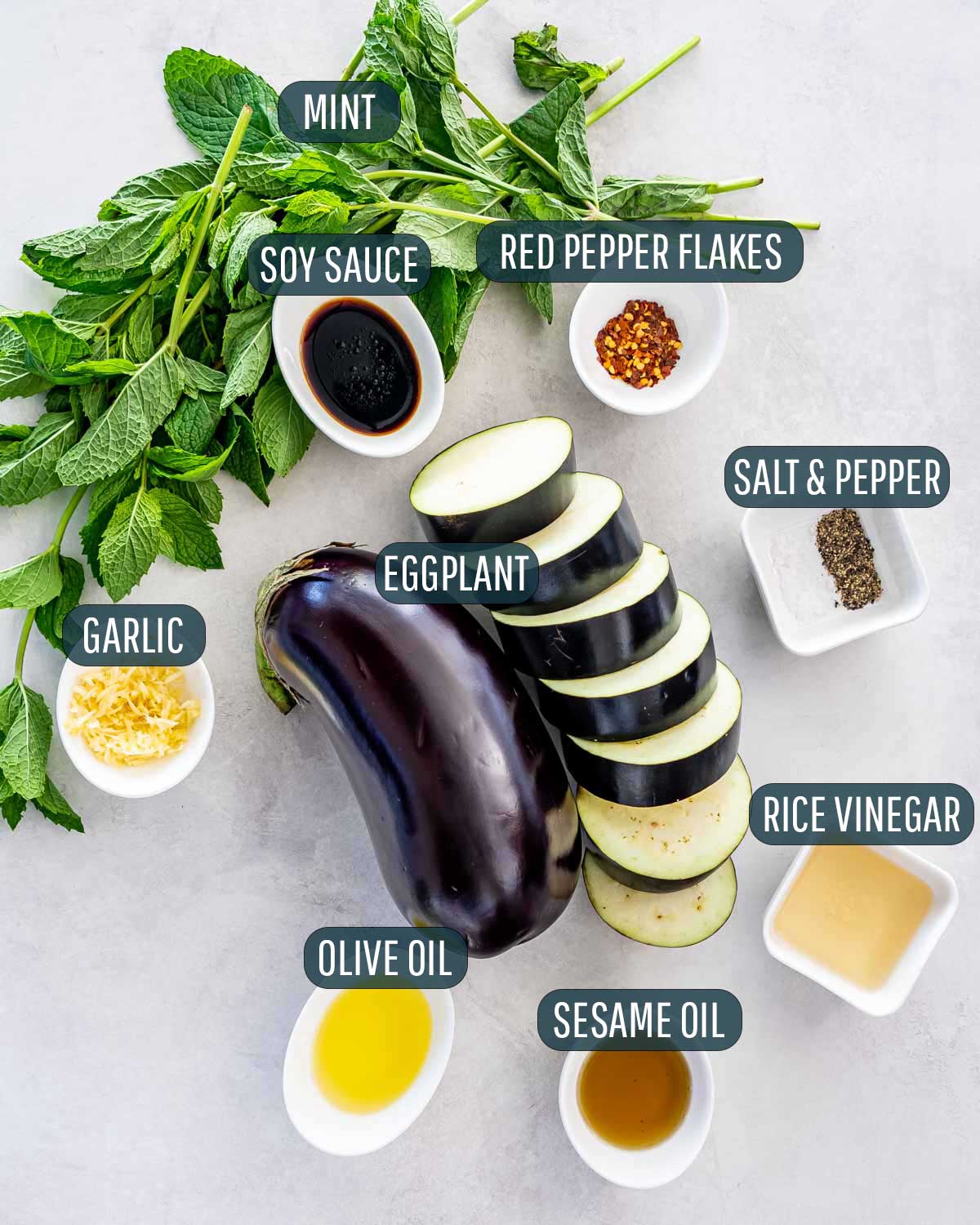 ingredients needed to make grilled eggplant with garlic mint sauce.