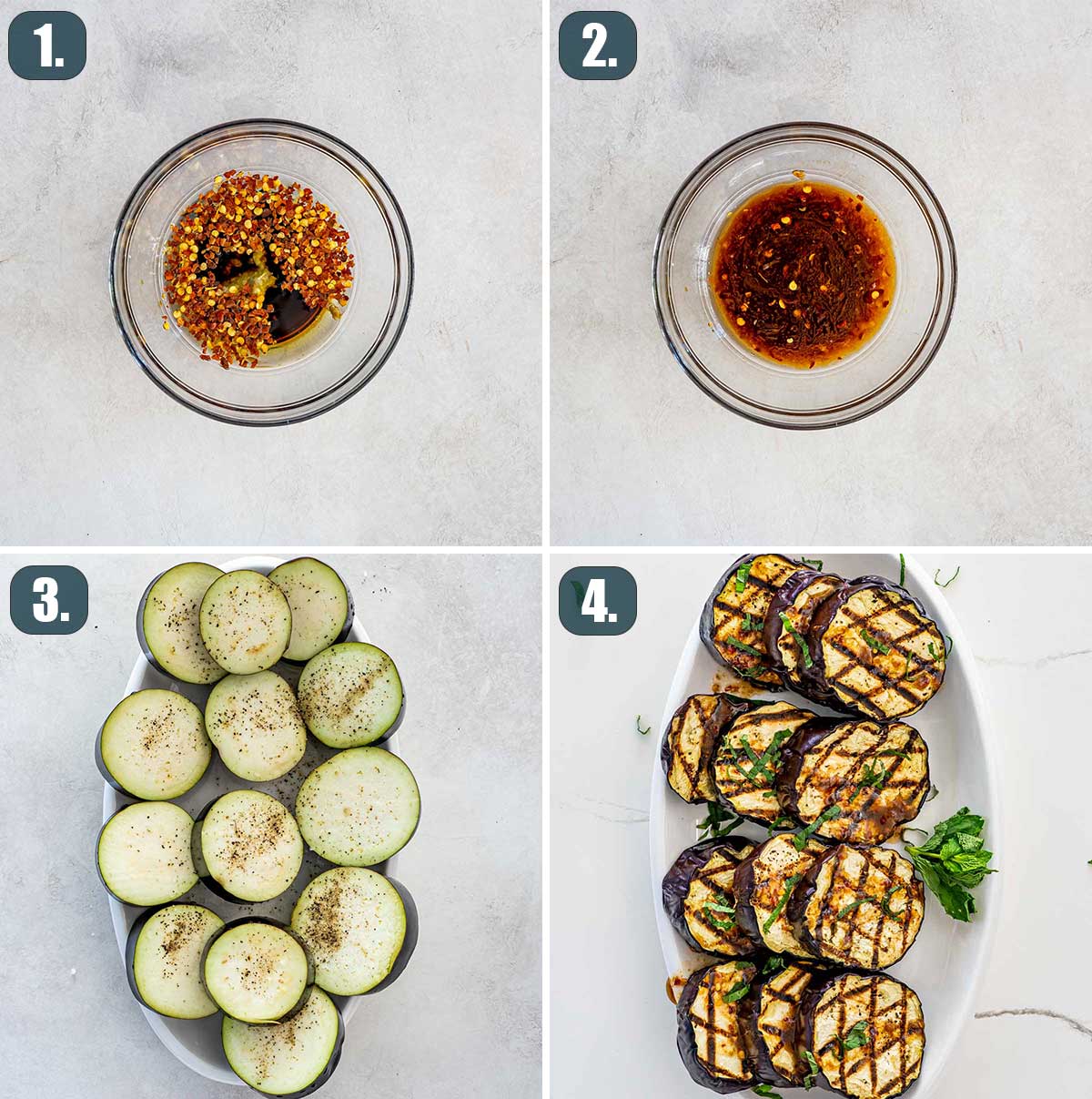 process shots showing how to make grilled eggplant with garlic mint sauce.