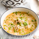 closeup of lemon chicken soup in a bowl.