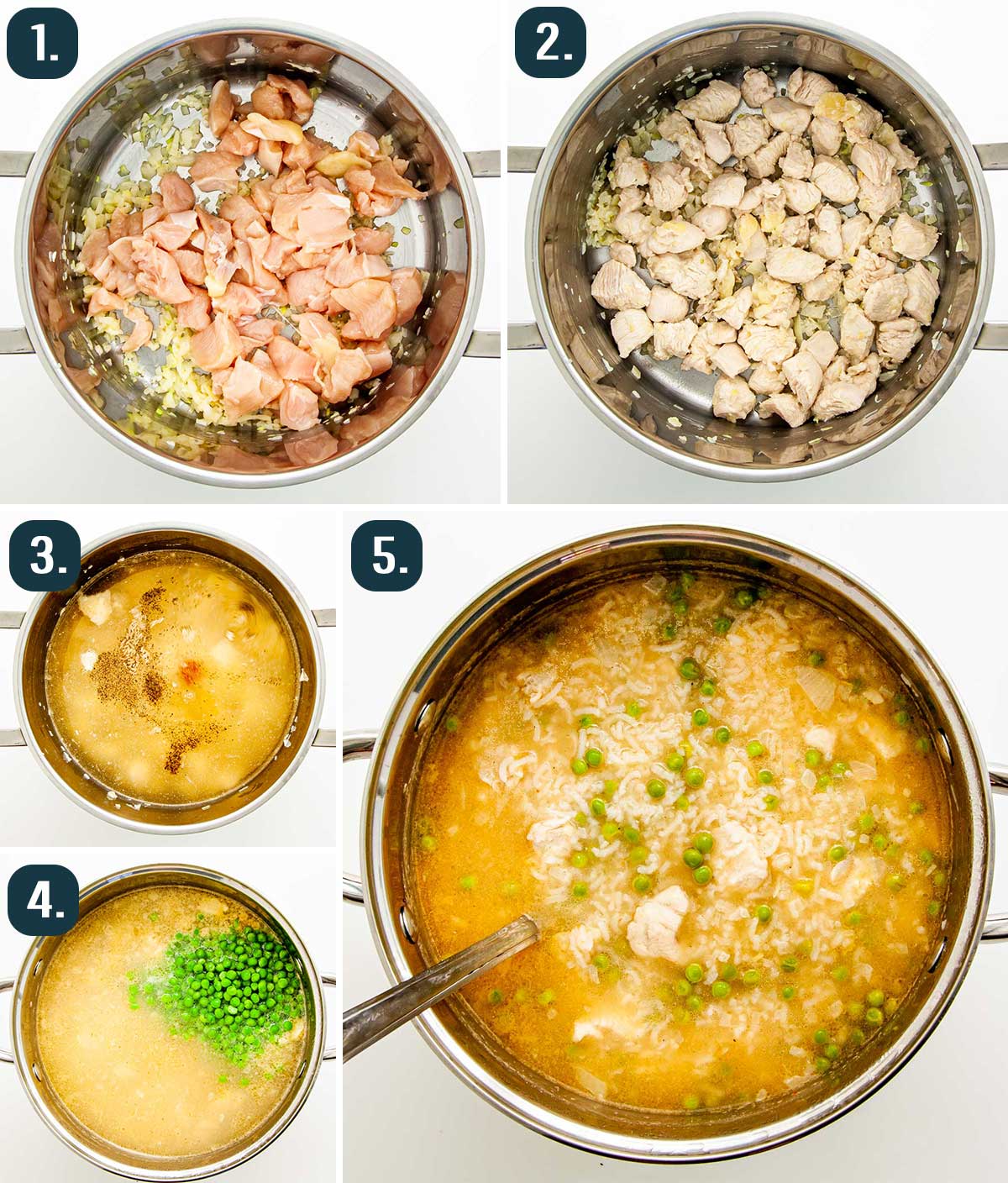 process shots showing how to make lemon chicken soup with rice and peas.