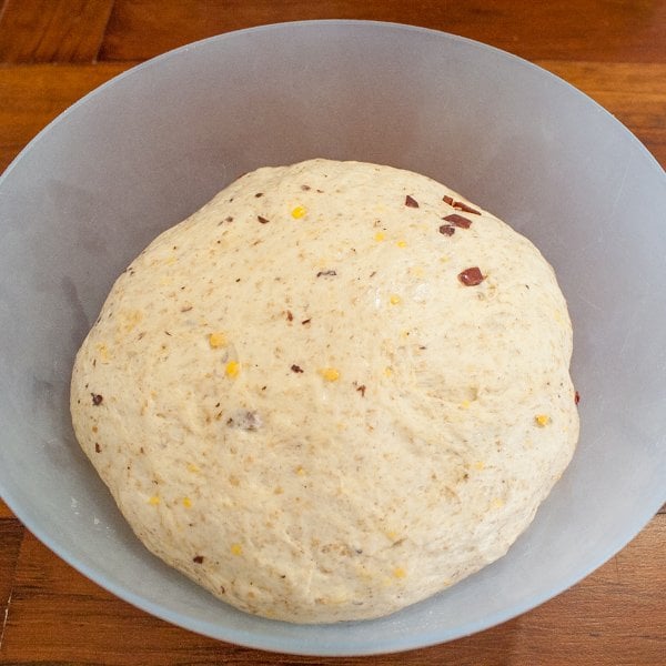 Dough rising in a plastic bowl