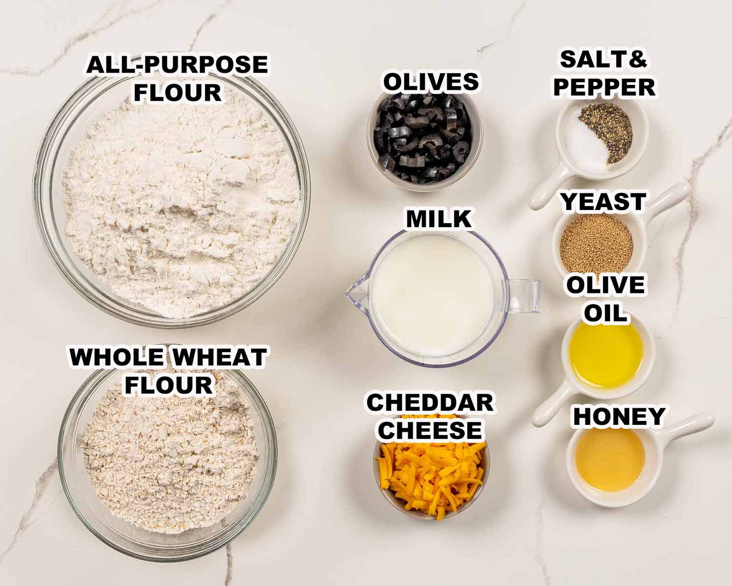 ingredients needed to make olive cheddar bread.