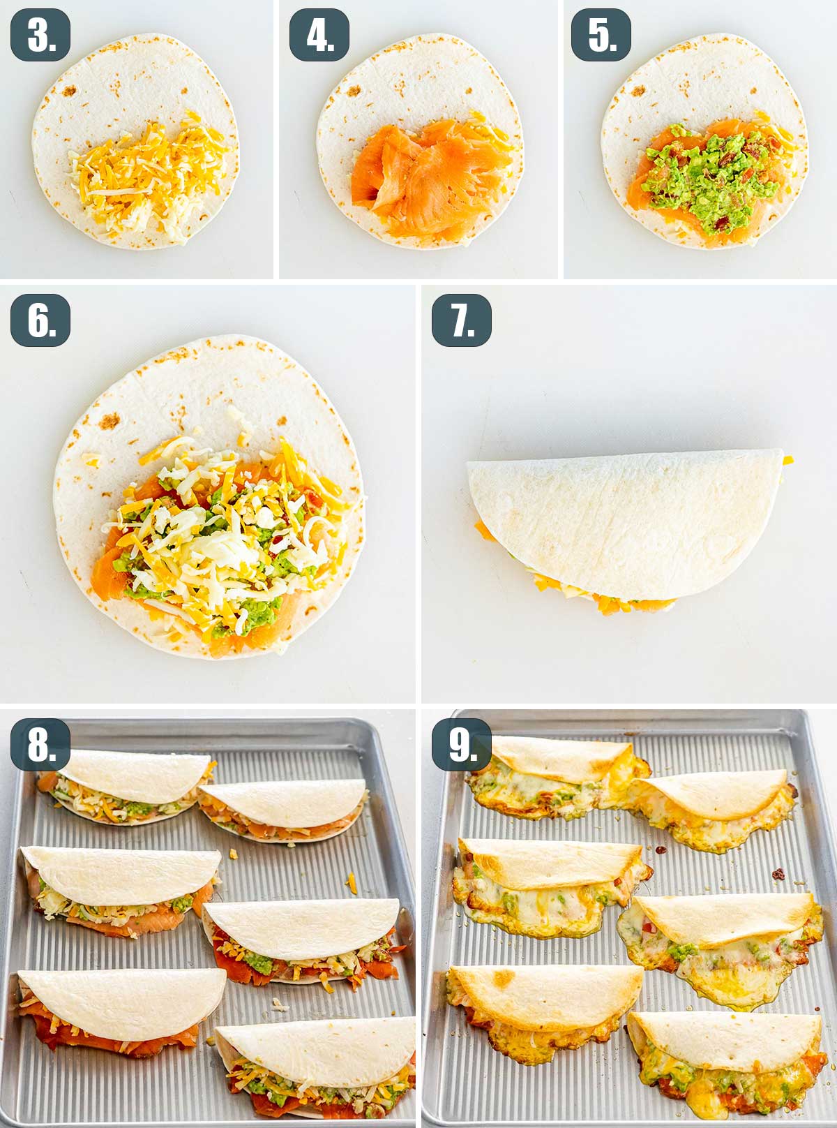 process shots showing how to make salmon quesadillas, baked in the oven.