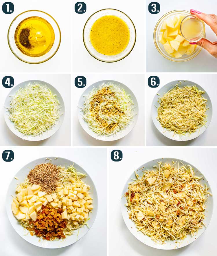 detailed process shots showing how to make sesame cabbage salad
