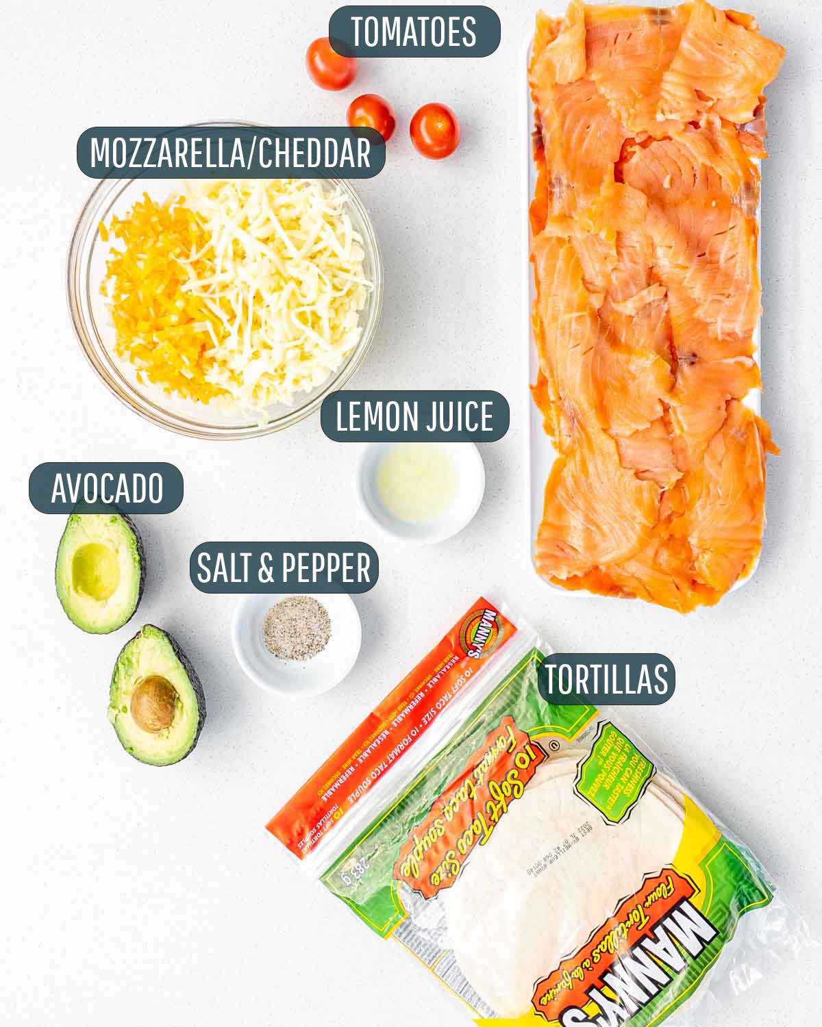 ingredients needed to make salmon quesadillas.