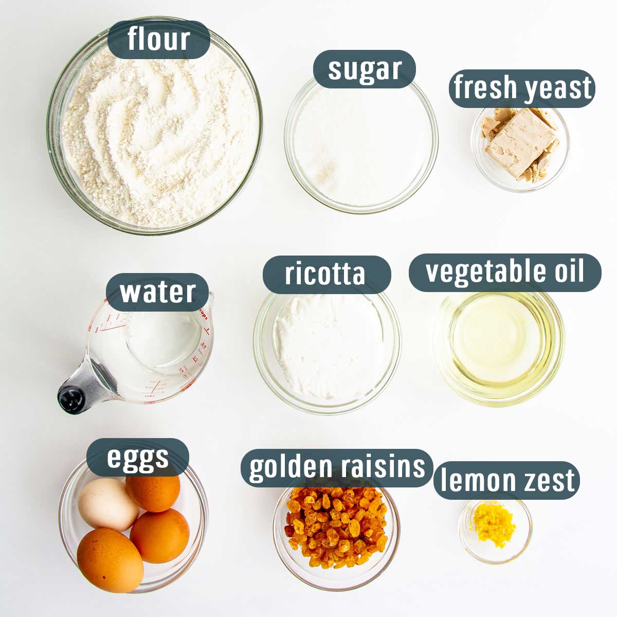 overhead shot of ingredients needed to make sweet cheese buns.