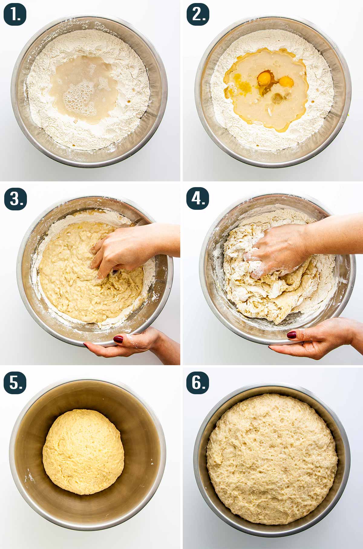 process shots showing how to make dough for sweet cheese buns.