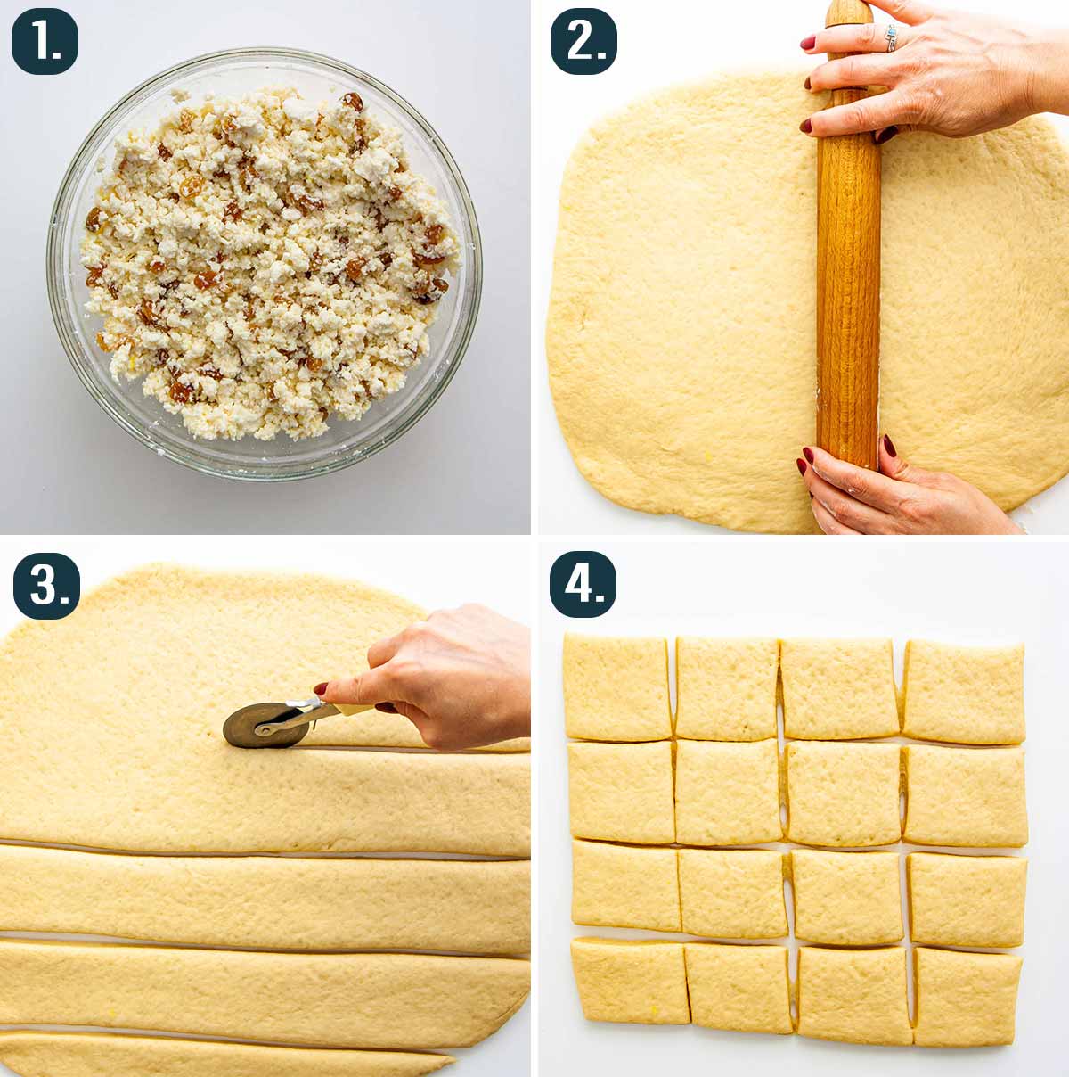 process shots showing how to prep the dough and roll it out for cheese buns.