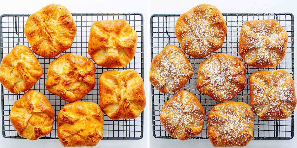 side by side shots of sweet cheese buns cooling on a cooling rack and sprinkled with powdered sugar.