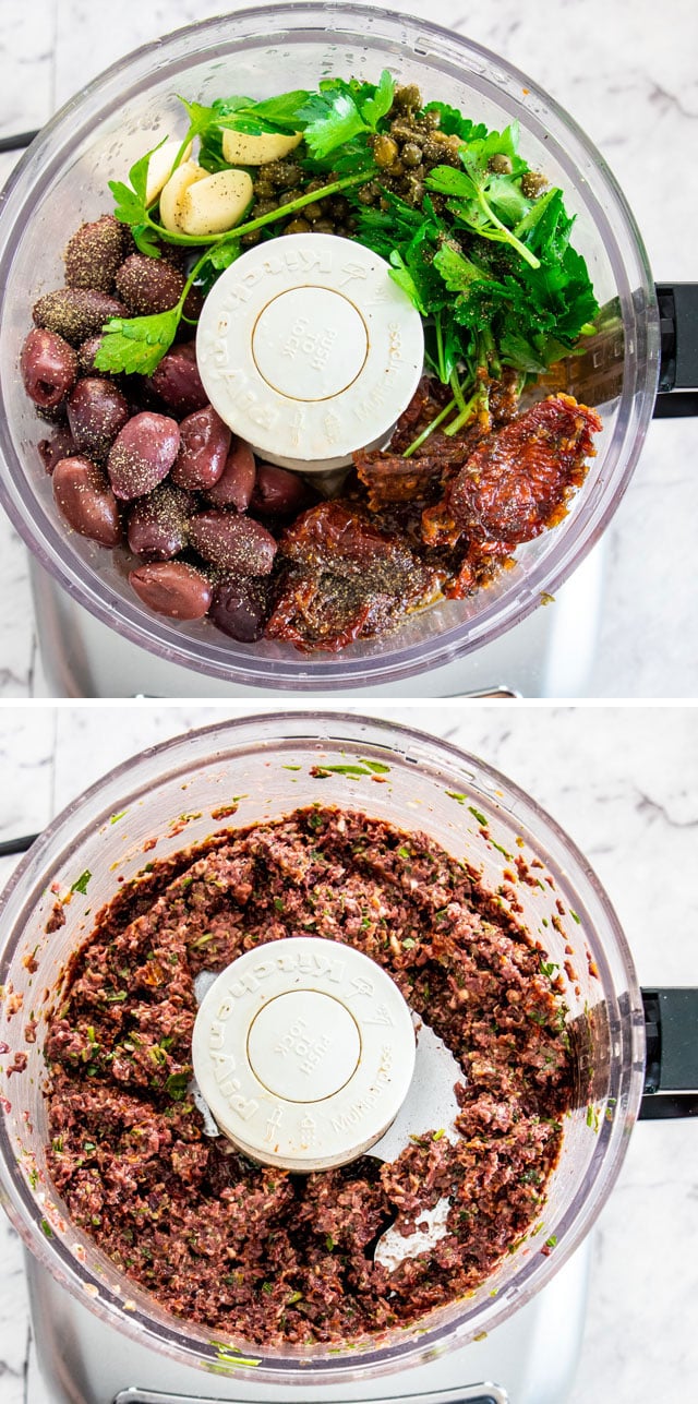 process shots for making olive tapenade