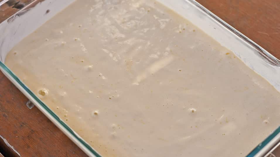 Batter in a floured 9 by 13 baking pan