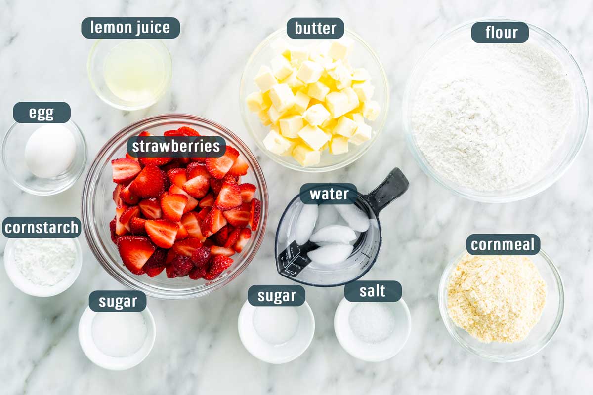 overhead shot of all the ingredients needed to make a strawberry galette