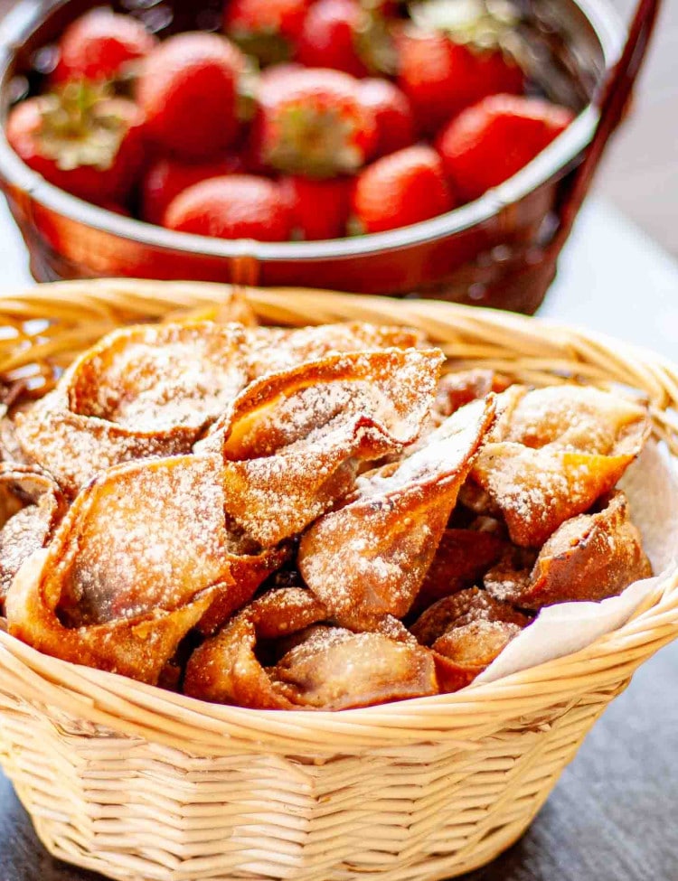 strawberry nutella wontons in a basket.