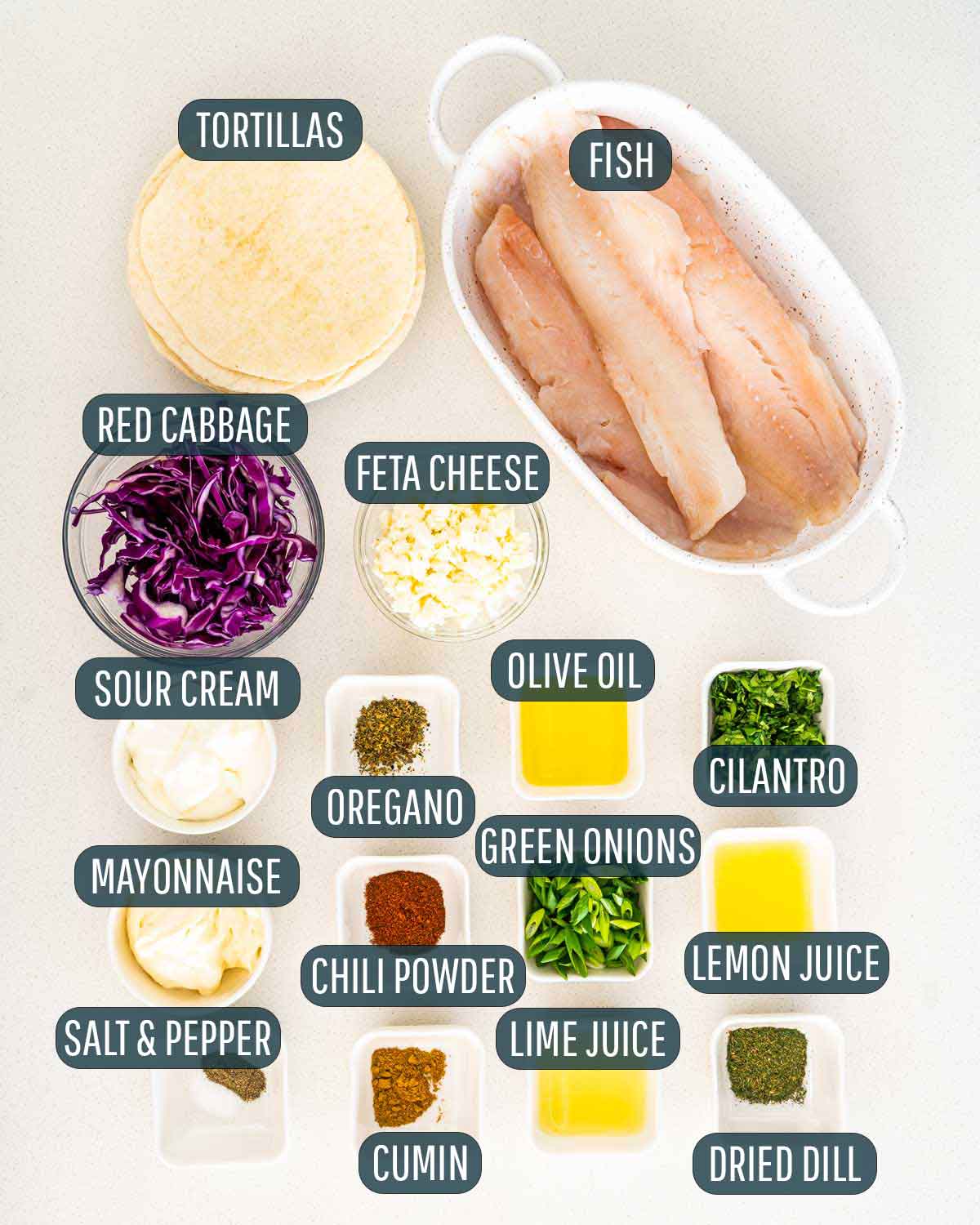 overhead shot of ingredients needed to make fish tacos.