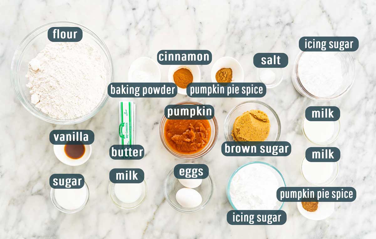 overhead shot of all ingredients needed to make pumpkin scones and 2 types of glazes.