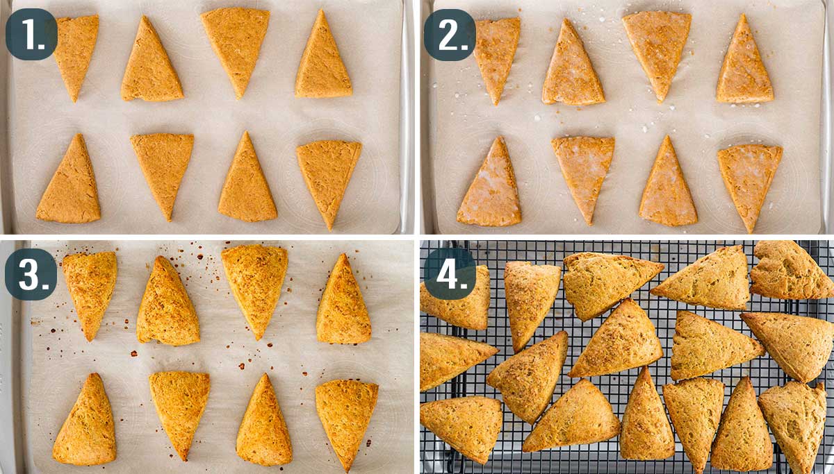 process shots showing pumpkin scones on baking sheet before and after baking.