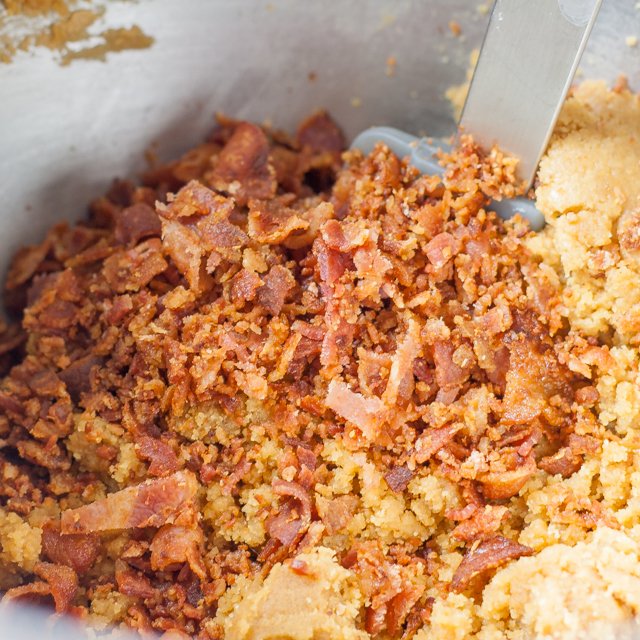 Cooked bacon crumbles are added to the mix