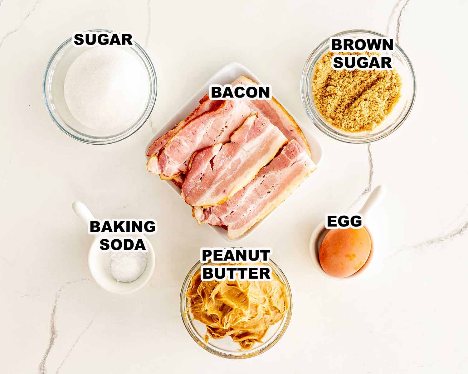 ingredients needed to make peanut butter bacon cookies.