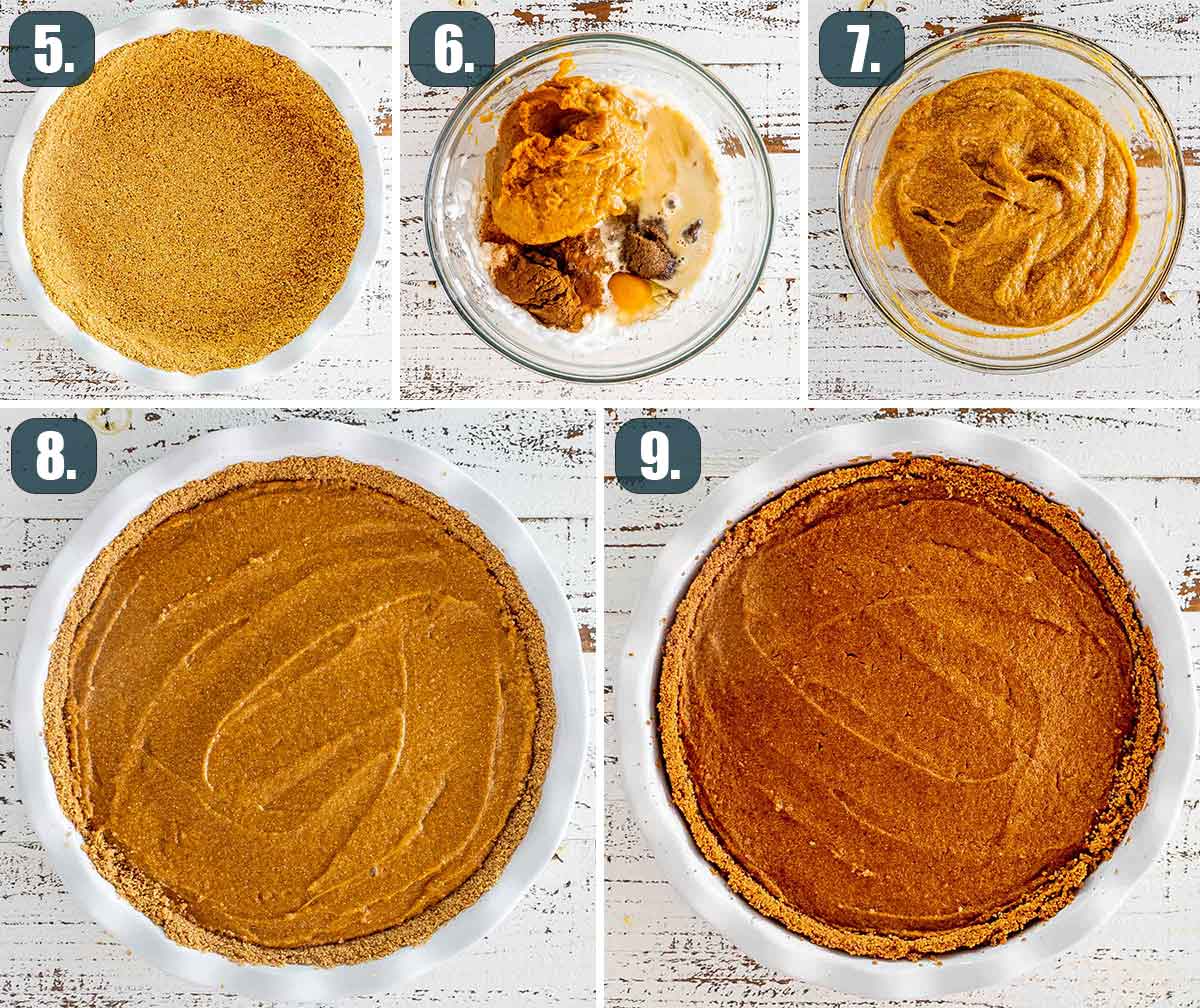detailed process shots showing how to make the filling and how to bake a pumpkin pie.