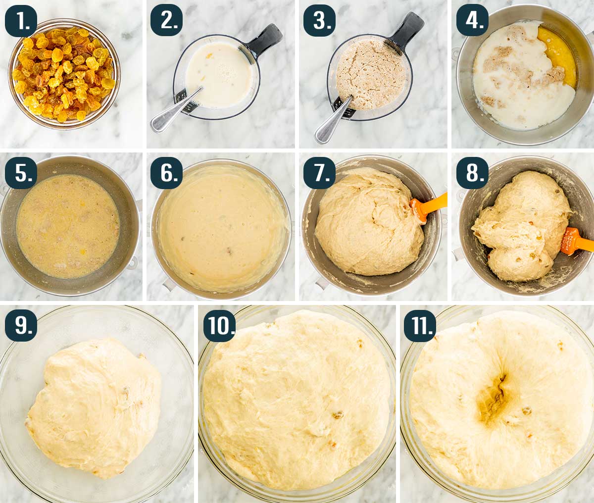 process shots showing how to make dough for raisin bread