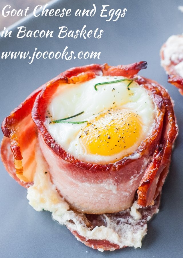 Close up shot of Goat Cheese and Eggs in a Bacon Basket