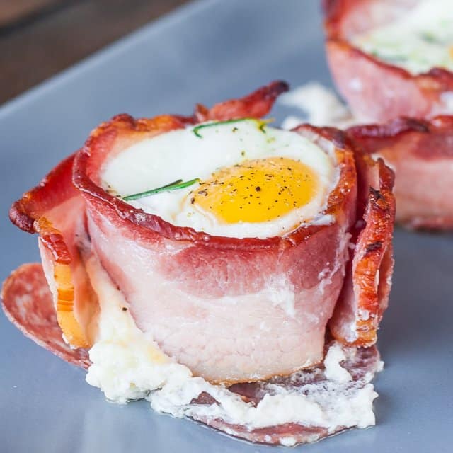 Side shot of Goat Cheese and Eggs in Bacon Baskets