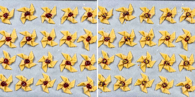 process shots showing how to make raspberry pinwheel cookies.