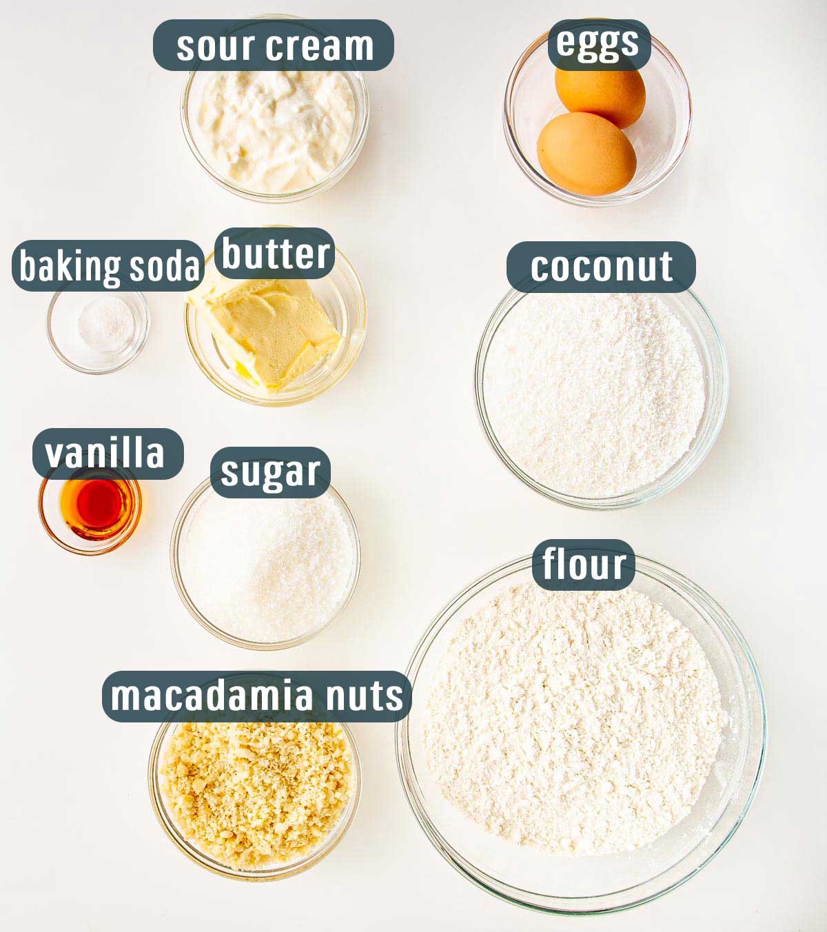 overhead shot of ingredients needed to make coconut macadamia cookies.